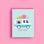 Greeting card with an ice cream truck illustration and 'Stay Cool' text on a pink background