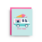 Greeting card with an ice cream truck illustration and 'Stay Cool' text on a light blue background.