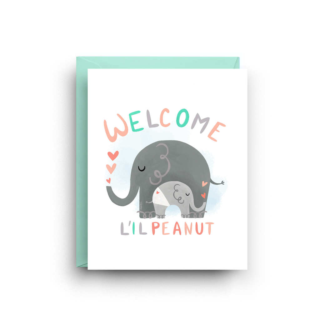 Greeting card with elephants and 'Welcome L'il Peanut' text on a white background
