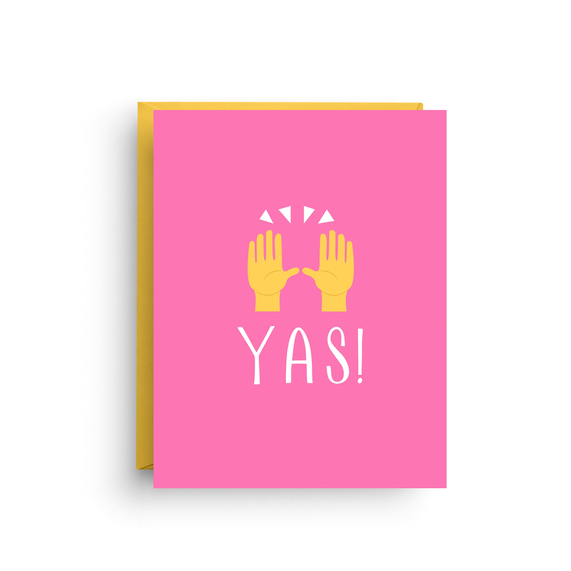 Pink card with yellow hands and 'YAS!' text on a white background