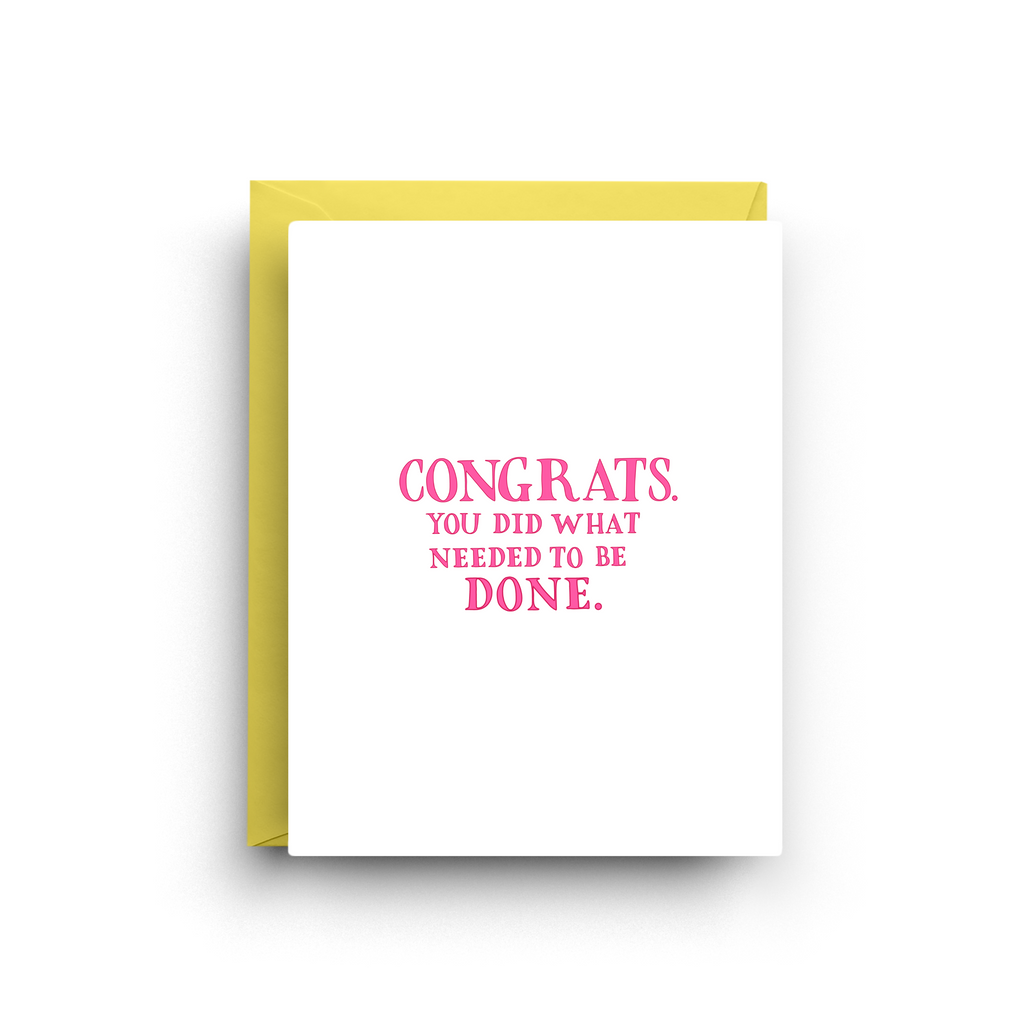 Greeting card with yellow border and pink text on a white background