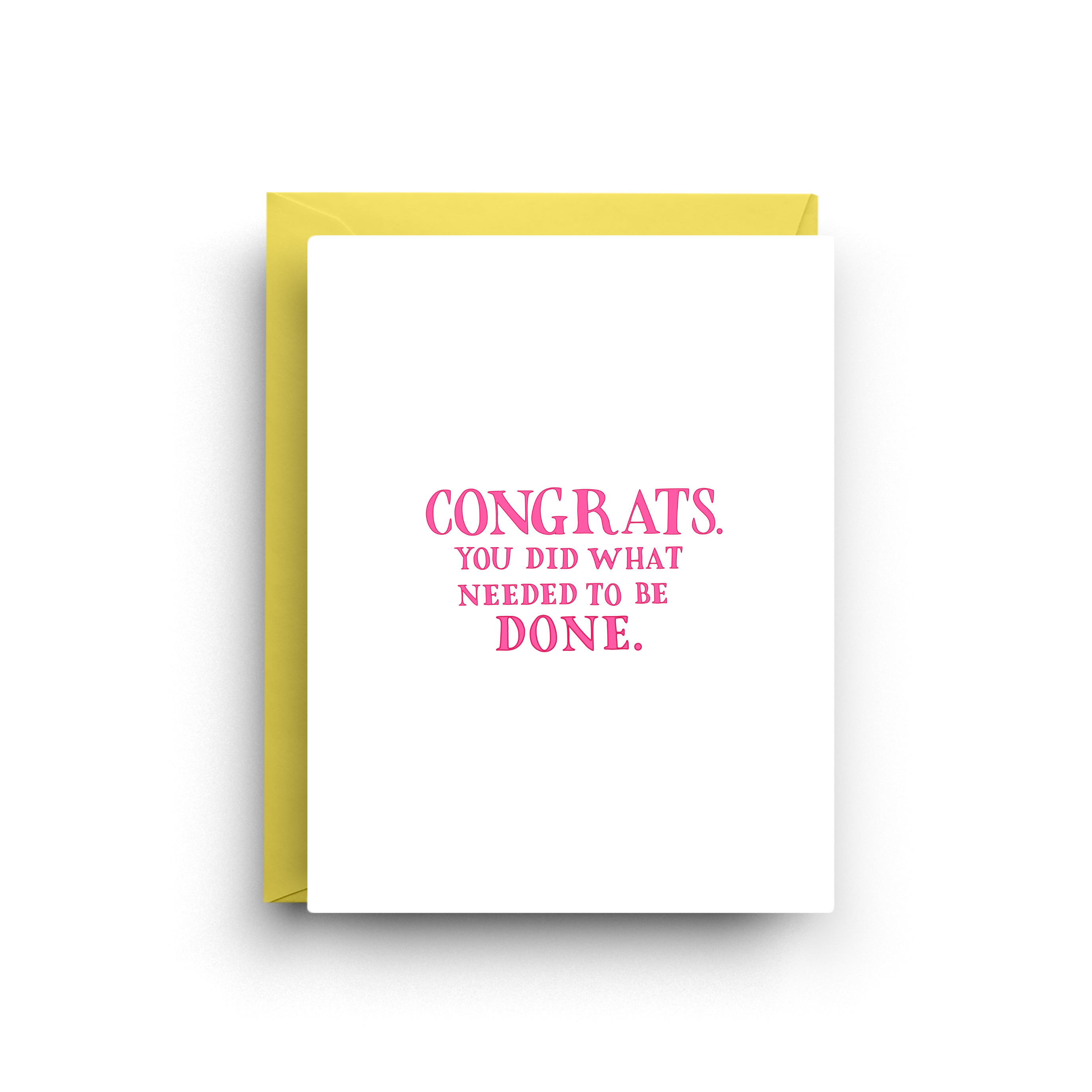 Greeting card with yellow border and pink text on a white background