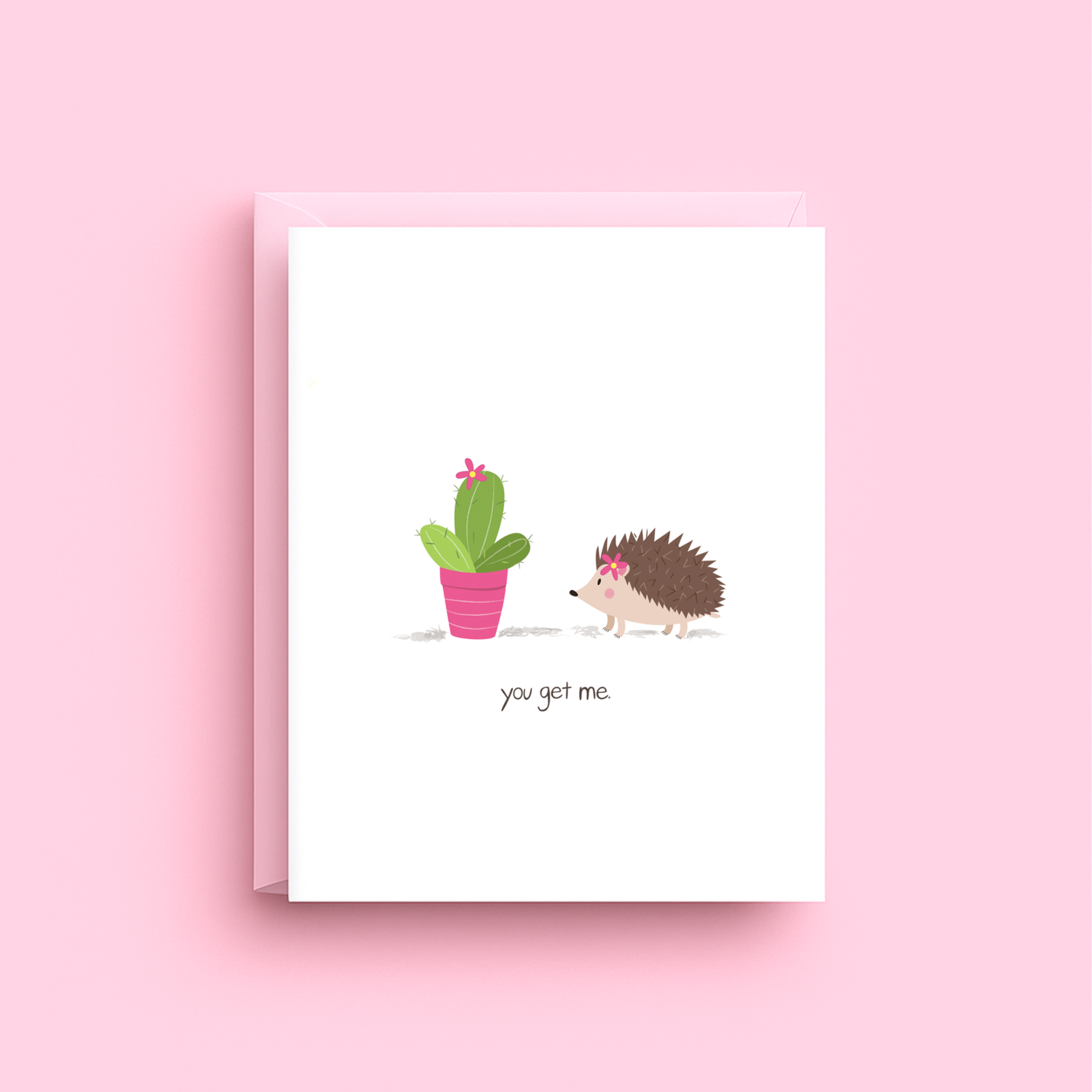 Greeting card with a hedgehog and cactus illustration on a pink background