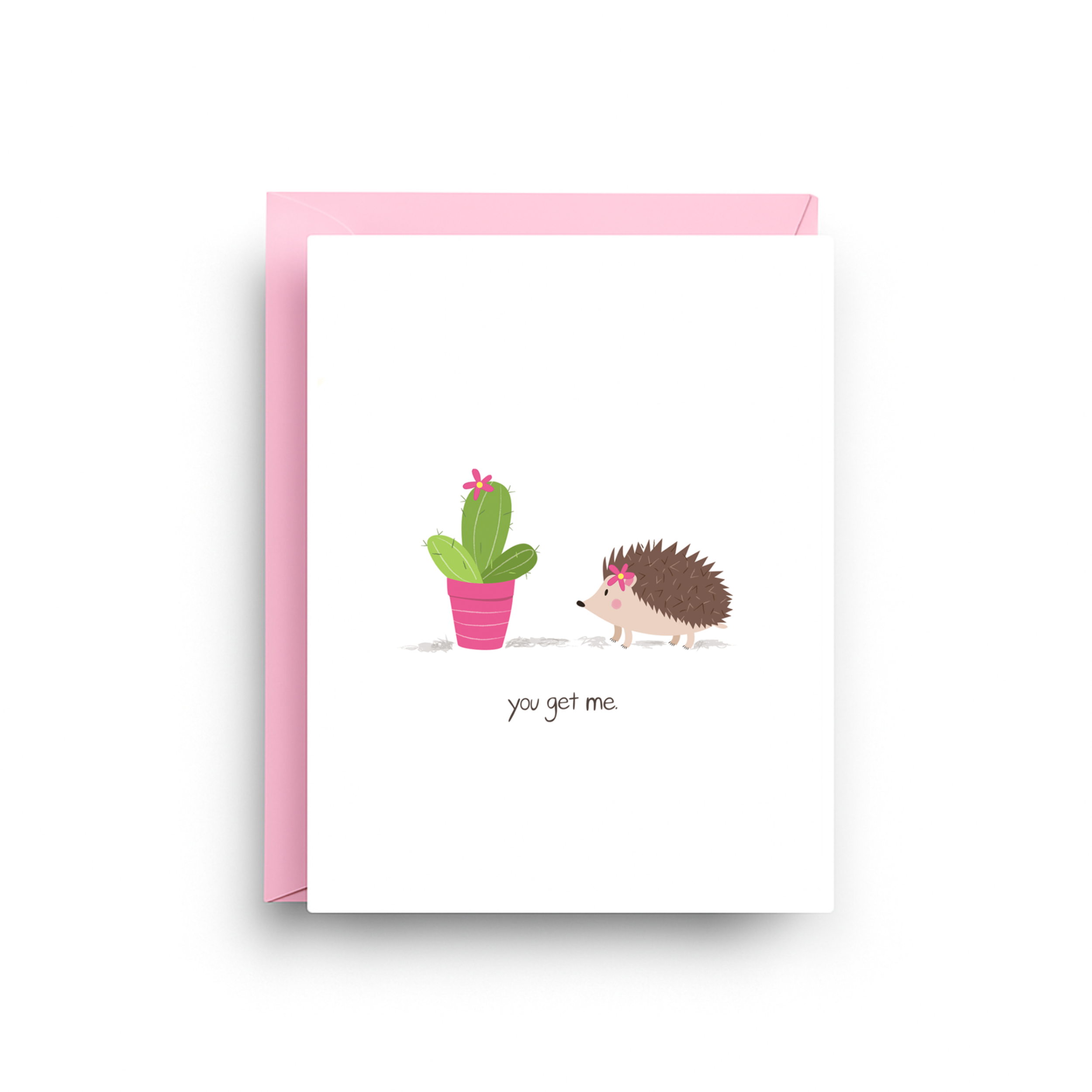 Greeting card with a hedgehog and cactus illustration on a white background