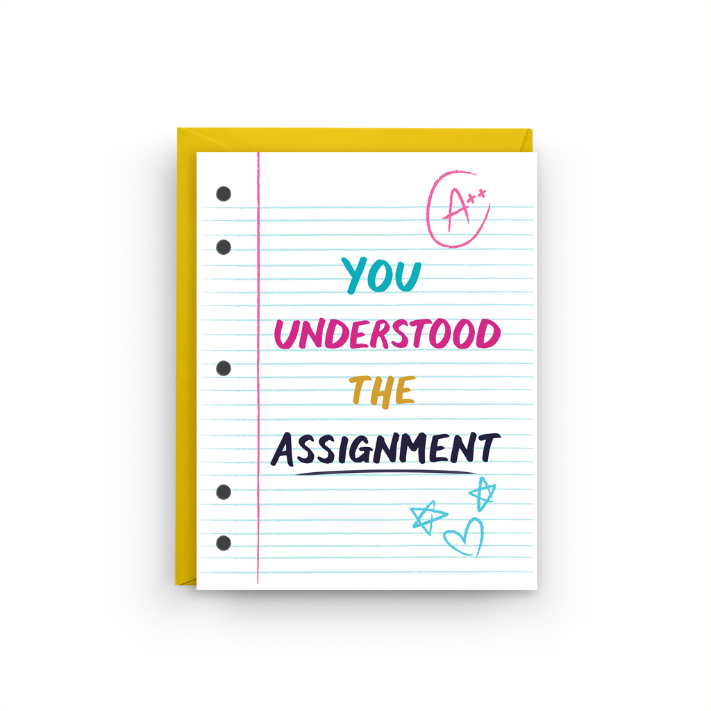 Card with lined paper design and text 'You understood the assignment' on a white background