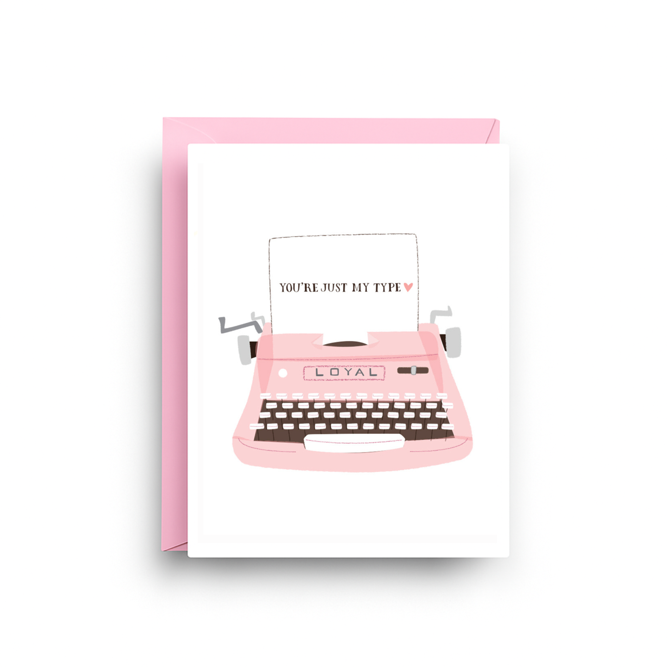 Greeting card with pink typewriter illustration and text on a white background