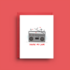 Illustrated retro boombox with music notes and hearts greeting card with You're My Jam message

