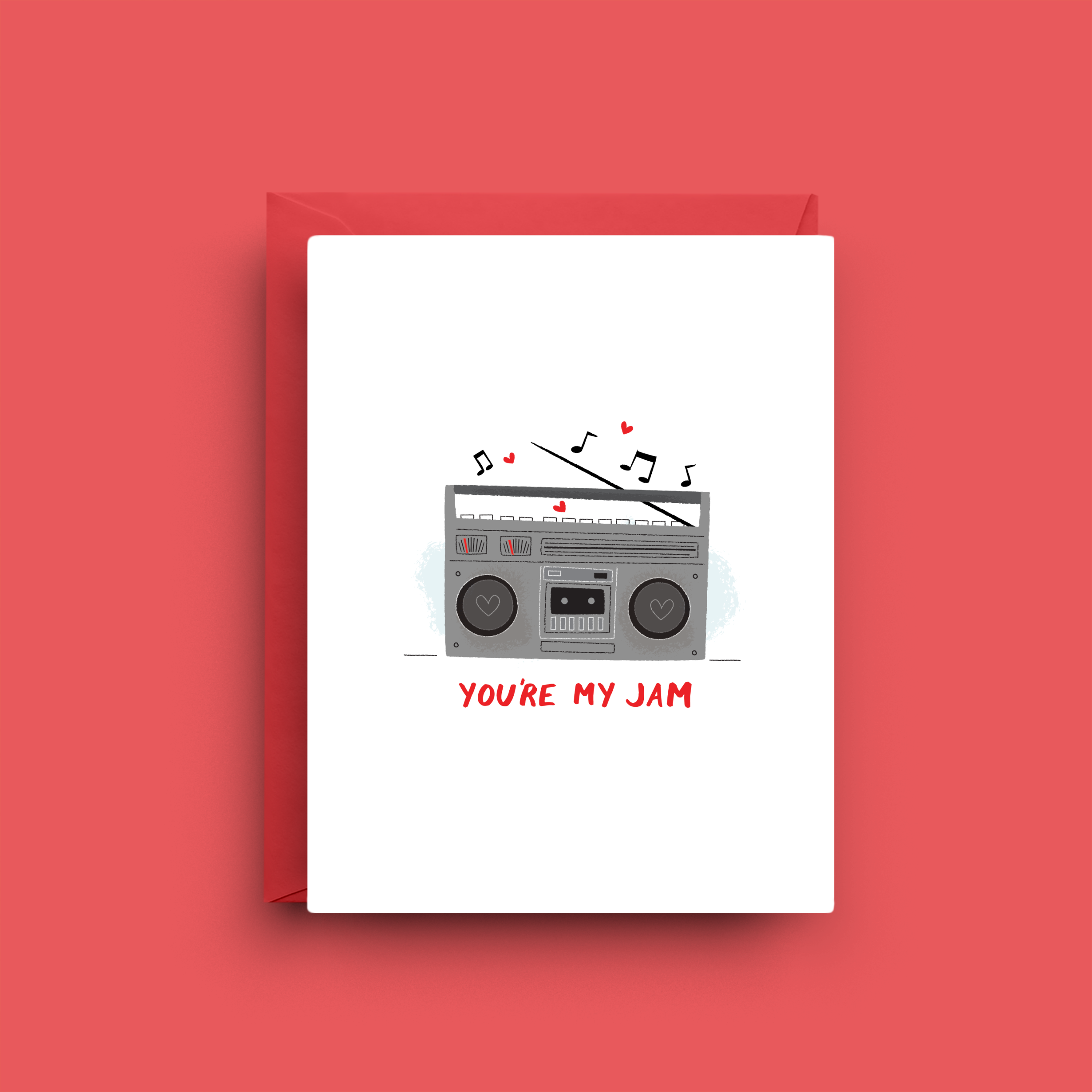Illustrated retro boombox with music notes and hearts greeting card with You're My Jam message
