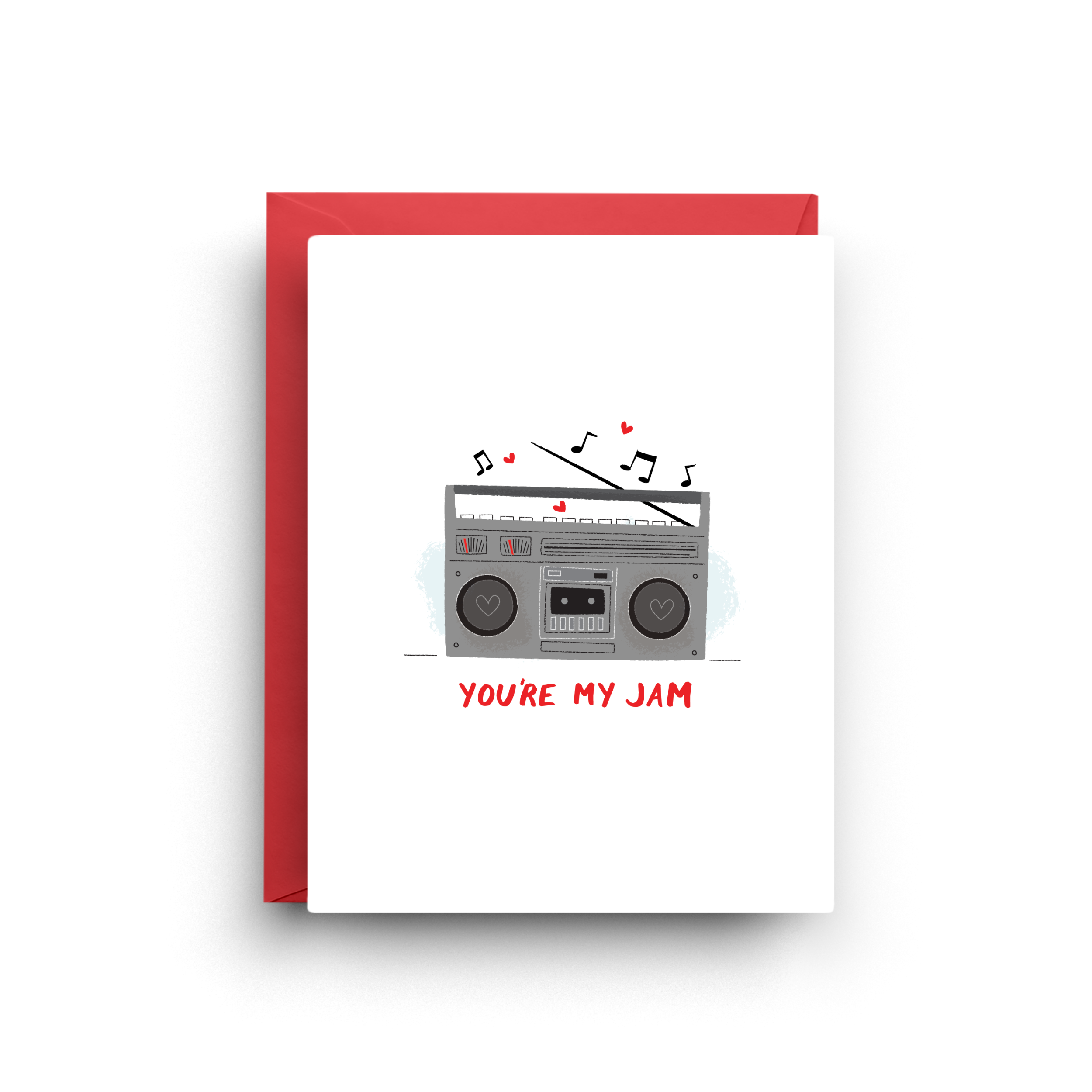Greeting card with a boombox illustration and 'You're My Jam' text on a white background.